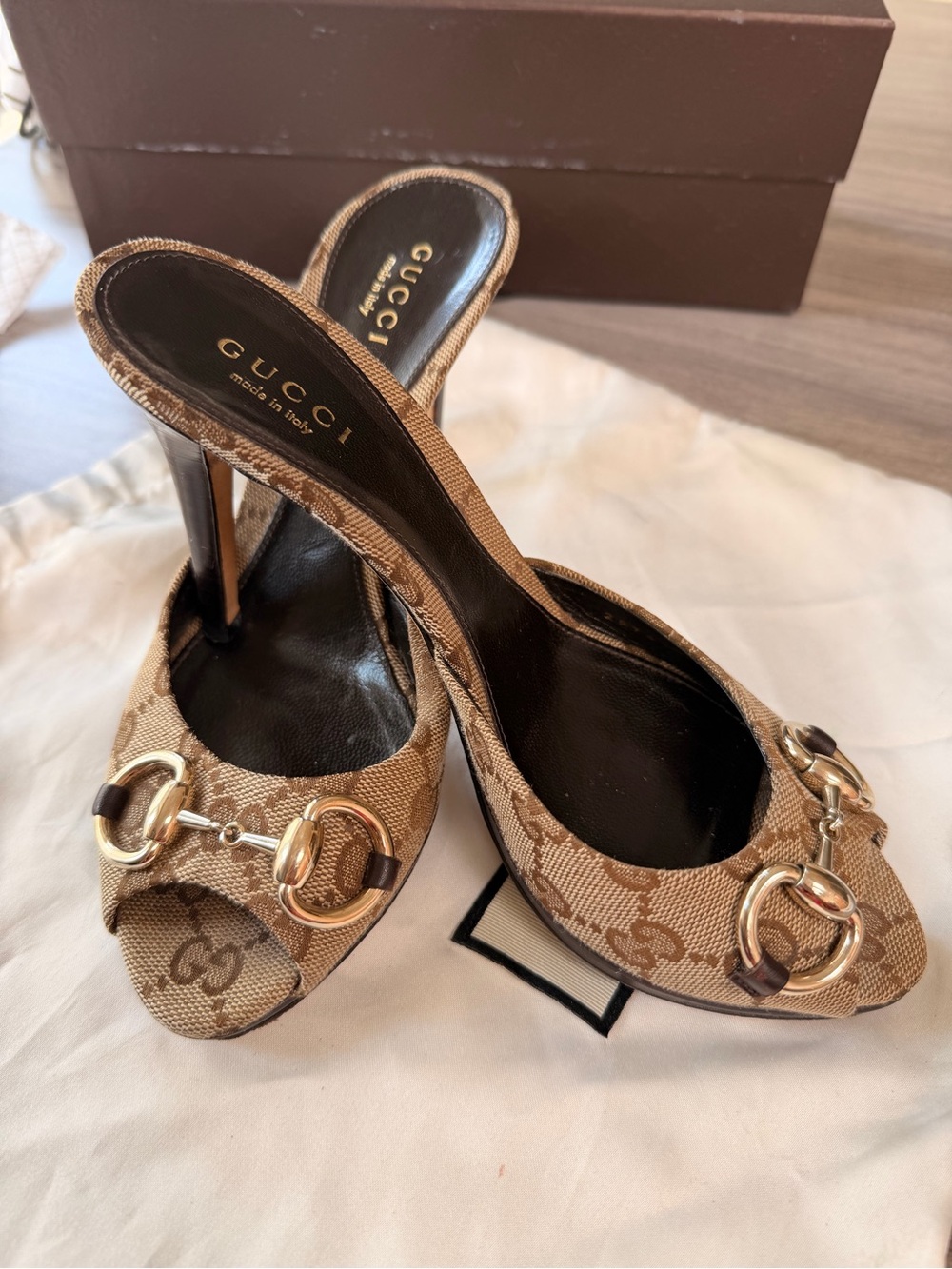 Gucci Brown Monogram Canvas Horsebit Peep-Toe Mules